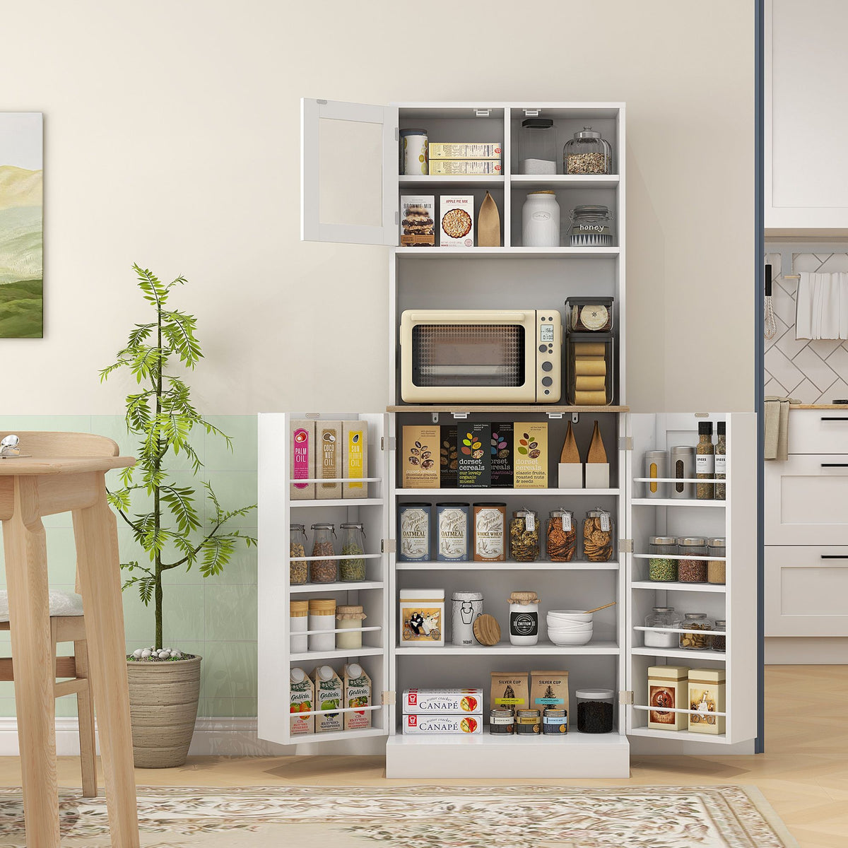 Freestanding Pantry, Kitchen Hutch Cabinet w/ Glass Doors & Adjustable Shelves