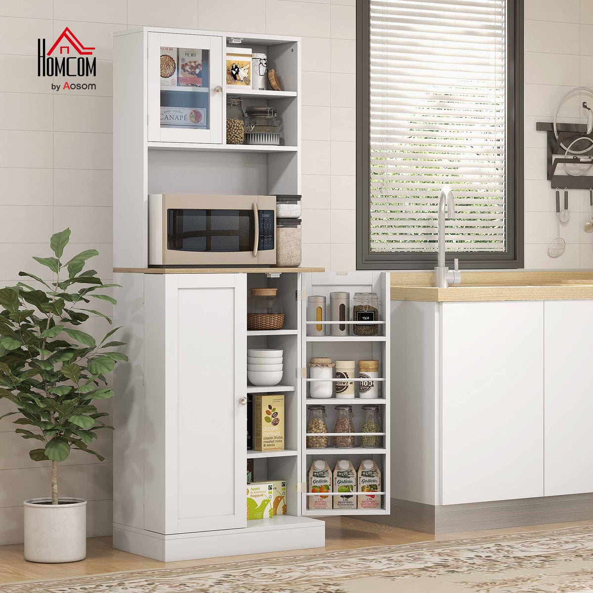 Freestanding Pantry, Kitchen Hutch Cabinet w/ Glass Doors & Adjustable Shelves