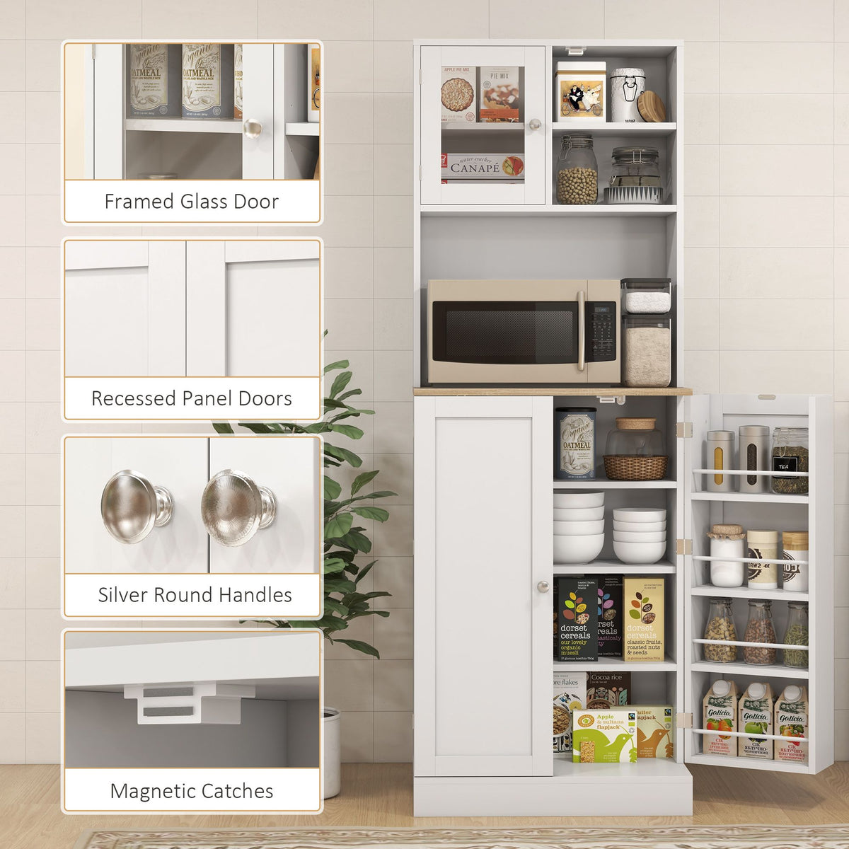 Freestanding Pantry, Kitchen Hutch Cabinet w/ Glass Doors & Adjustable Shelves