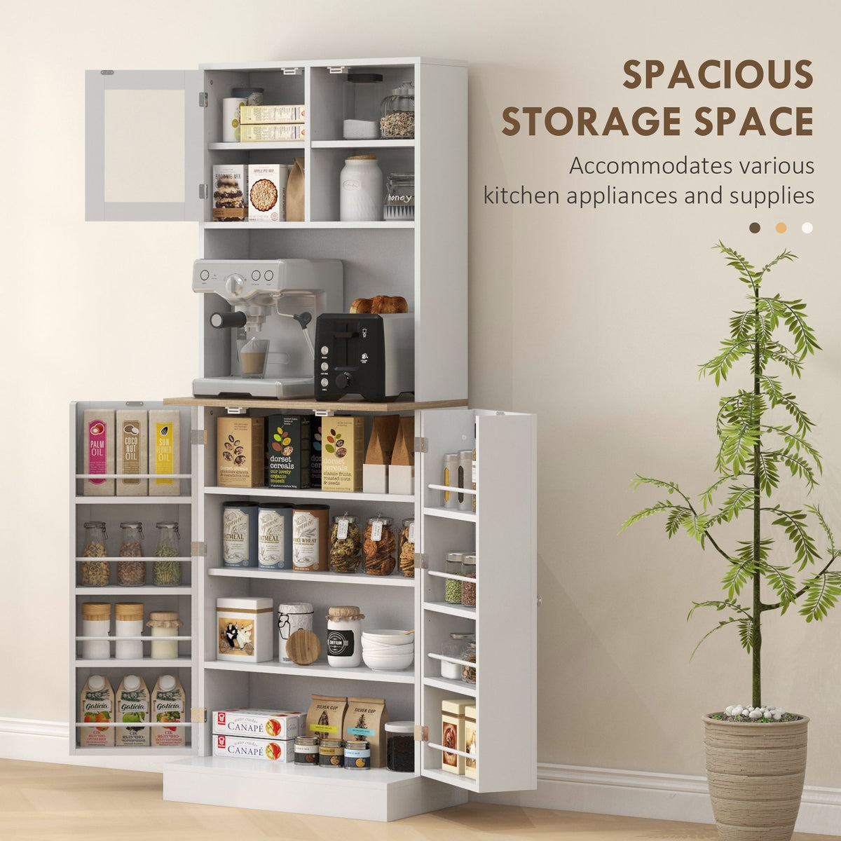 Freestanding Pantry, Kitchen Hutch Cabinet w/ Glass Doors & Adjustable Shelves