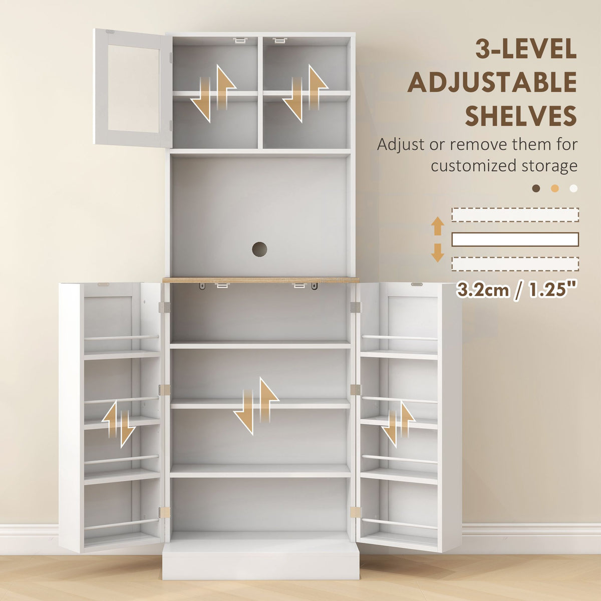 Freestanding Pantry, Kitchen Hutch Cabinet w/ Glass Doors & Adjustable Shelves