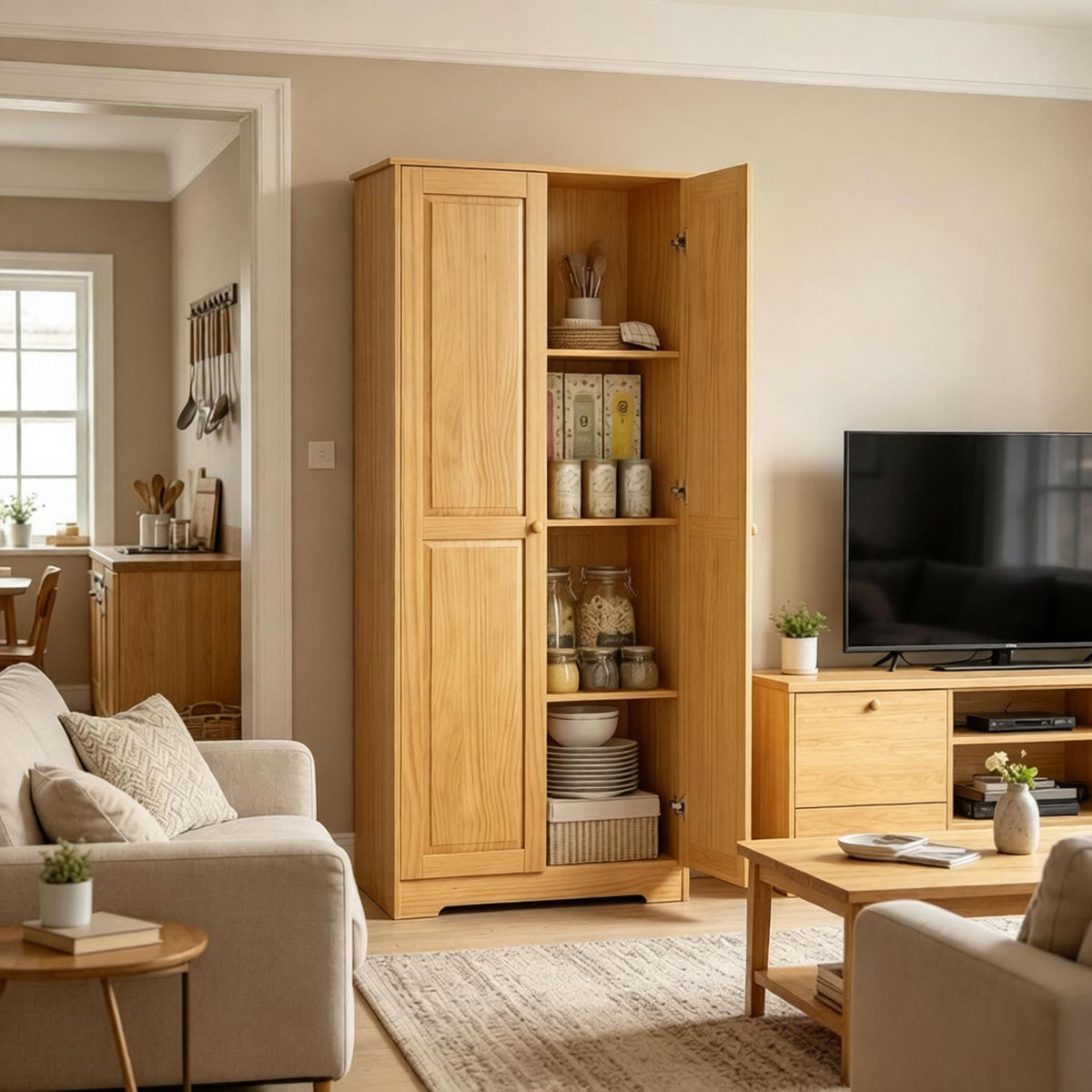 67 Pinewood Kitchen Pantry Storage Cabinet Freestanding with Doors And Shelves for
