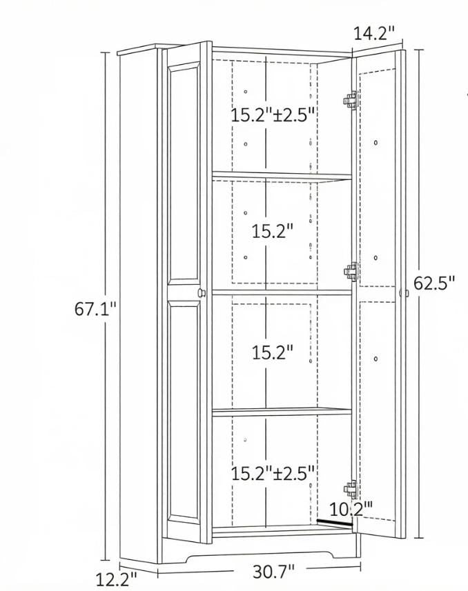 67 Pinewood Kitchen Pantry Storage Cabinet Freestanding with Doors And Shelves for