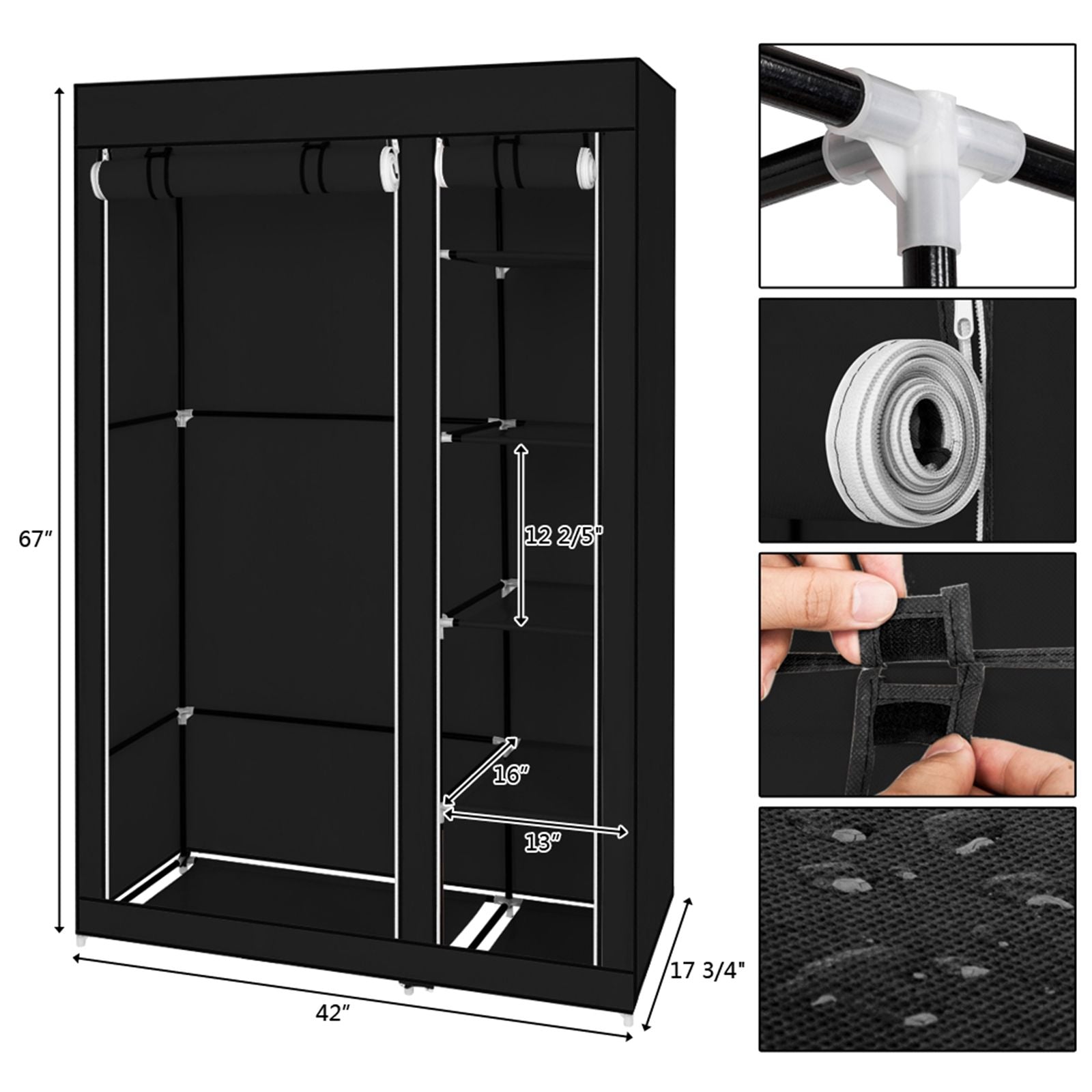 Portable Clothes Closet Wardrobe with Hanging Rod and Storage Shelves