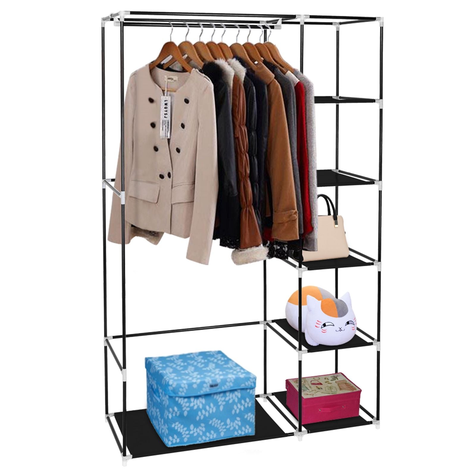Portable Clothes Closet Wardrobe with Hanging Rod and Storage Shelves