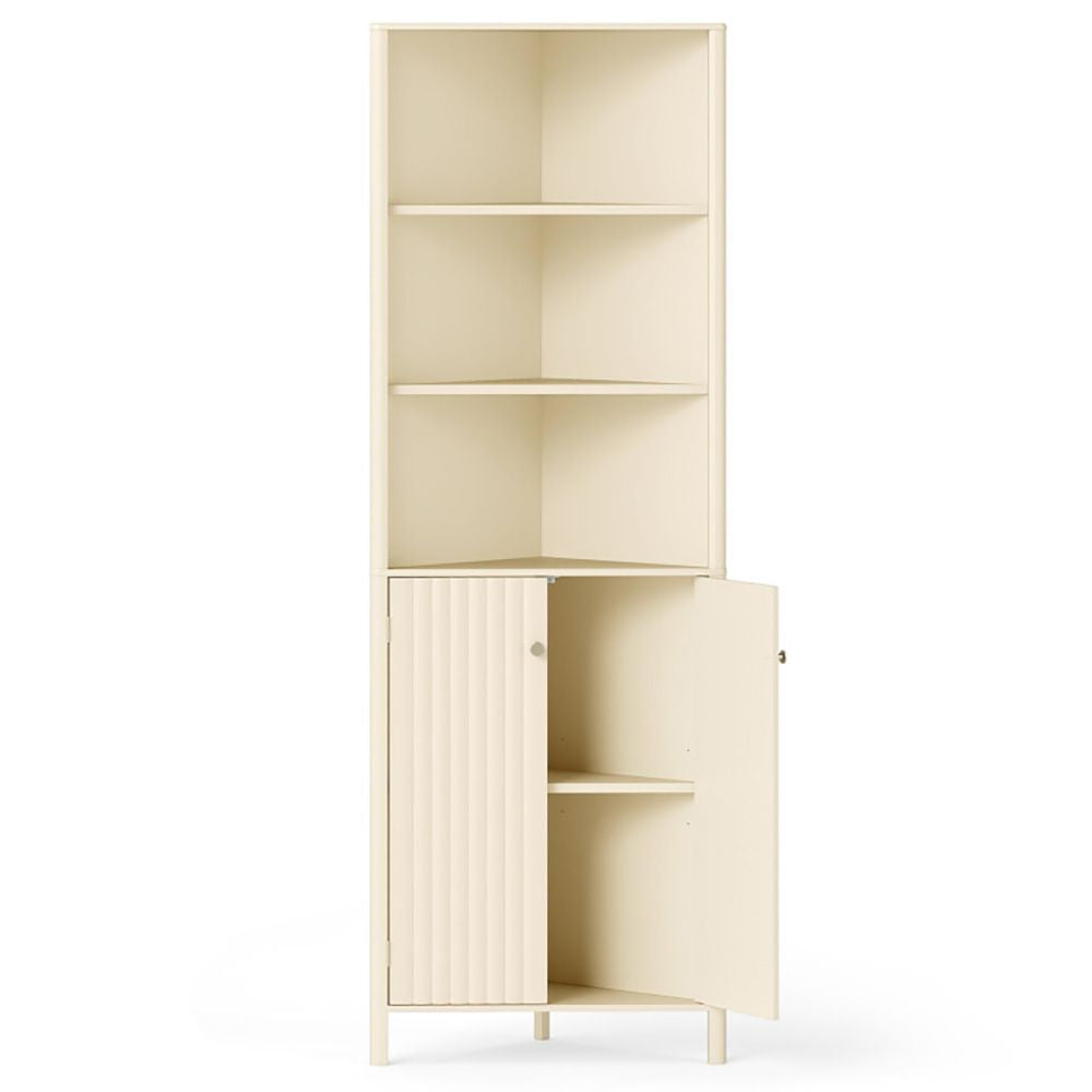 Tall Fluted-Door Corner Cabinet with Open Shelves