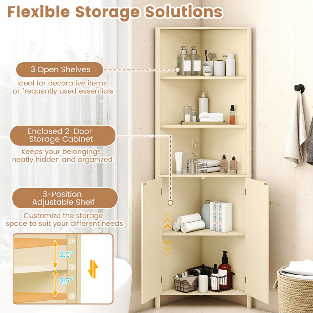 Tall Fluted-Door Corner Cabinet with Open Shelves