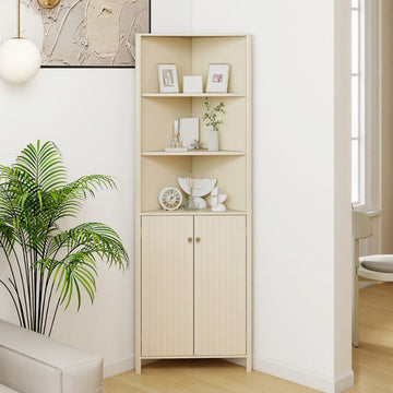 Tall Fluted-Door Corner Cabinet with Open Shelves