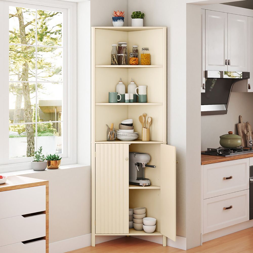 Tall Fluted-Door Corner Cabinet with Open Shelves