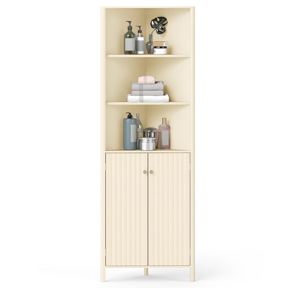 Tall Fluted-Door Corner Cabinet with Open Shelves