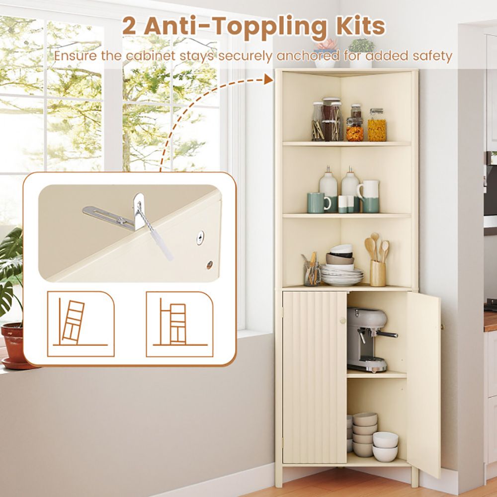 Tall Fluted-Door Corner Cabinet with Open Shelves
