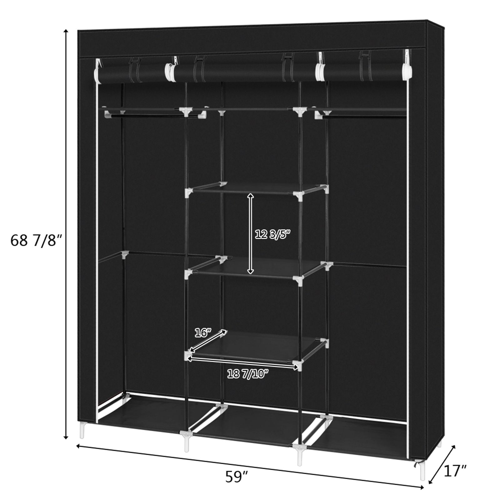 Portable Clothes Closet with Double Rods and 9 Shelves