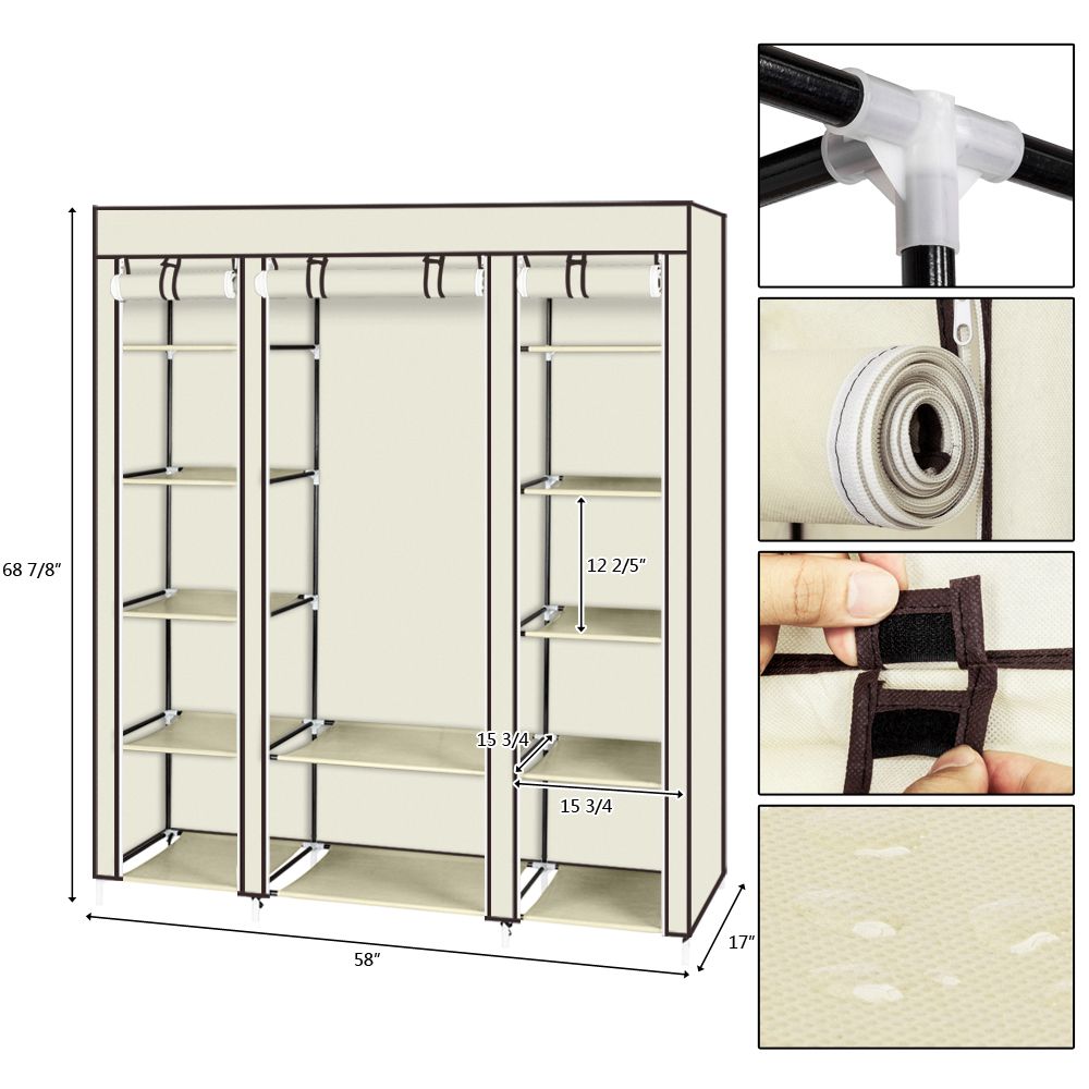 Portable Clothes Closet Organizer with Hanging Rod and Shelves