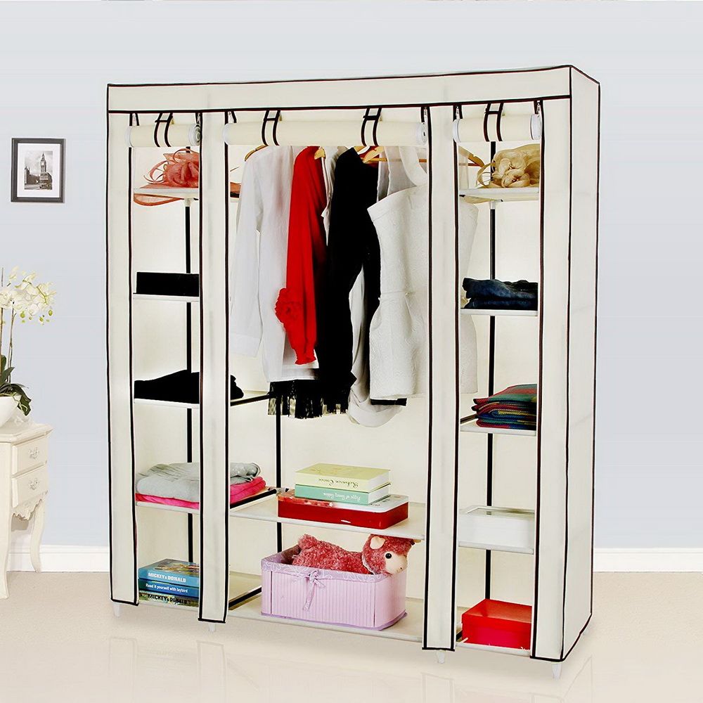 Portable Clothes Closet Organizer with Hanging Rod and Shelves