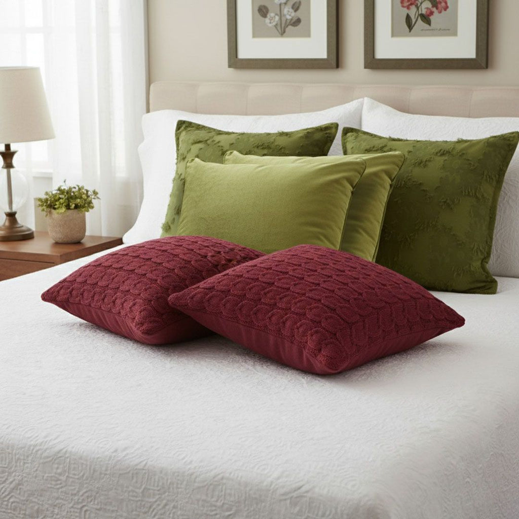 Olive Green and Deep Red Textured Pillow Cover Set