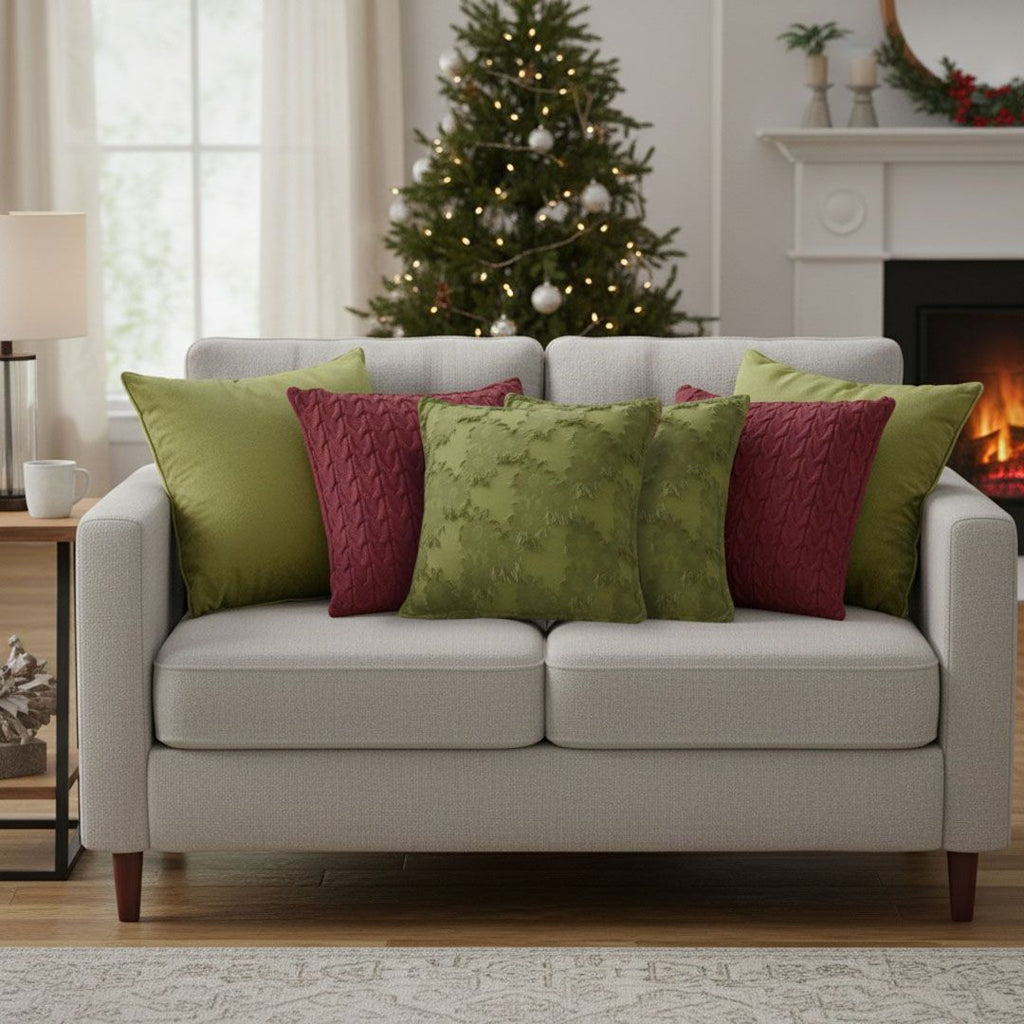 Olive Green and Deep Red Textured Pillow Cover Set