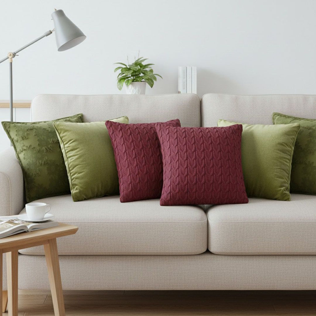 Olive Green and Deep Red Textured Pillow Cover Set