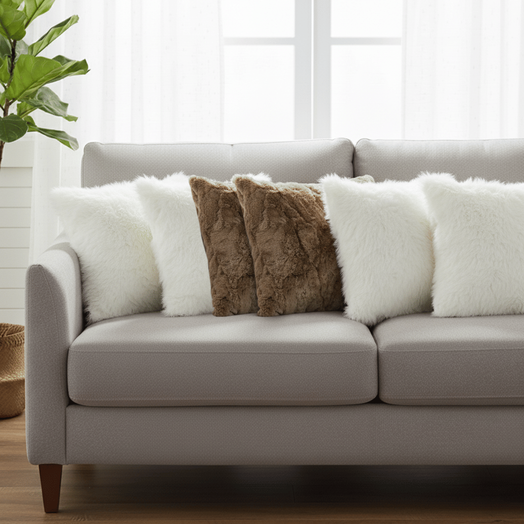 6-Piece Decorative Pillowcases Set – 4 White Textured & 2 Brown Fur Plush Covers