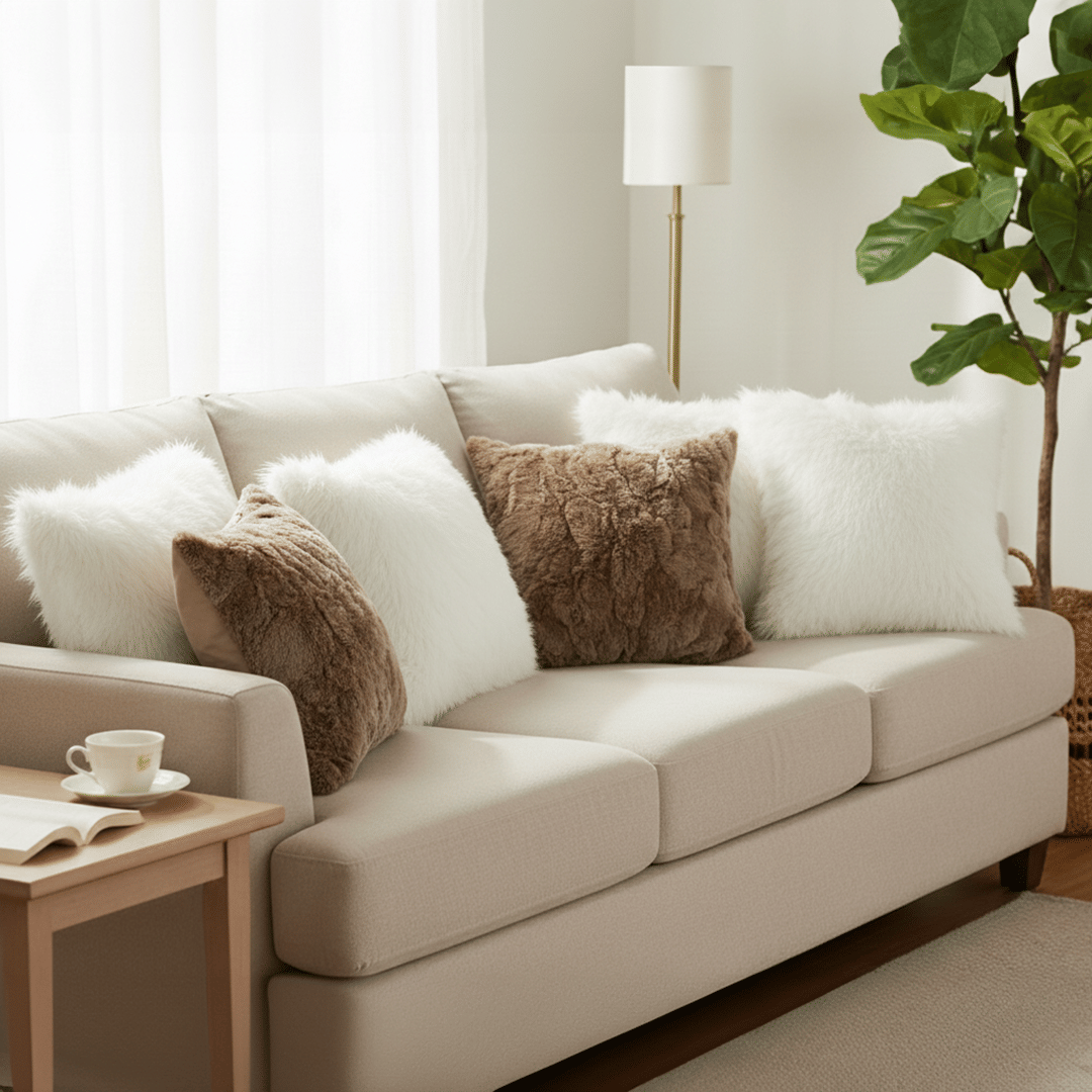 6-Piece Decorative Pillowcases Set – 4 White Textured & 2 Brown Fur Plush Covers