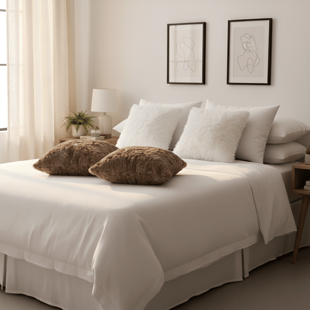 6-Piece Decorative Pillowcases Set – 4 White Textured & 2 Brown Fur Plush Covers