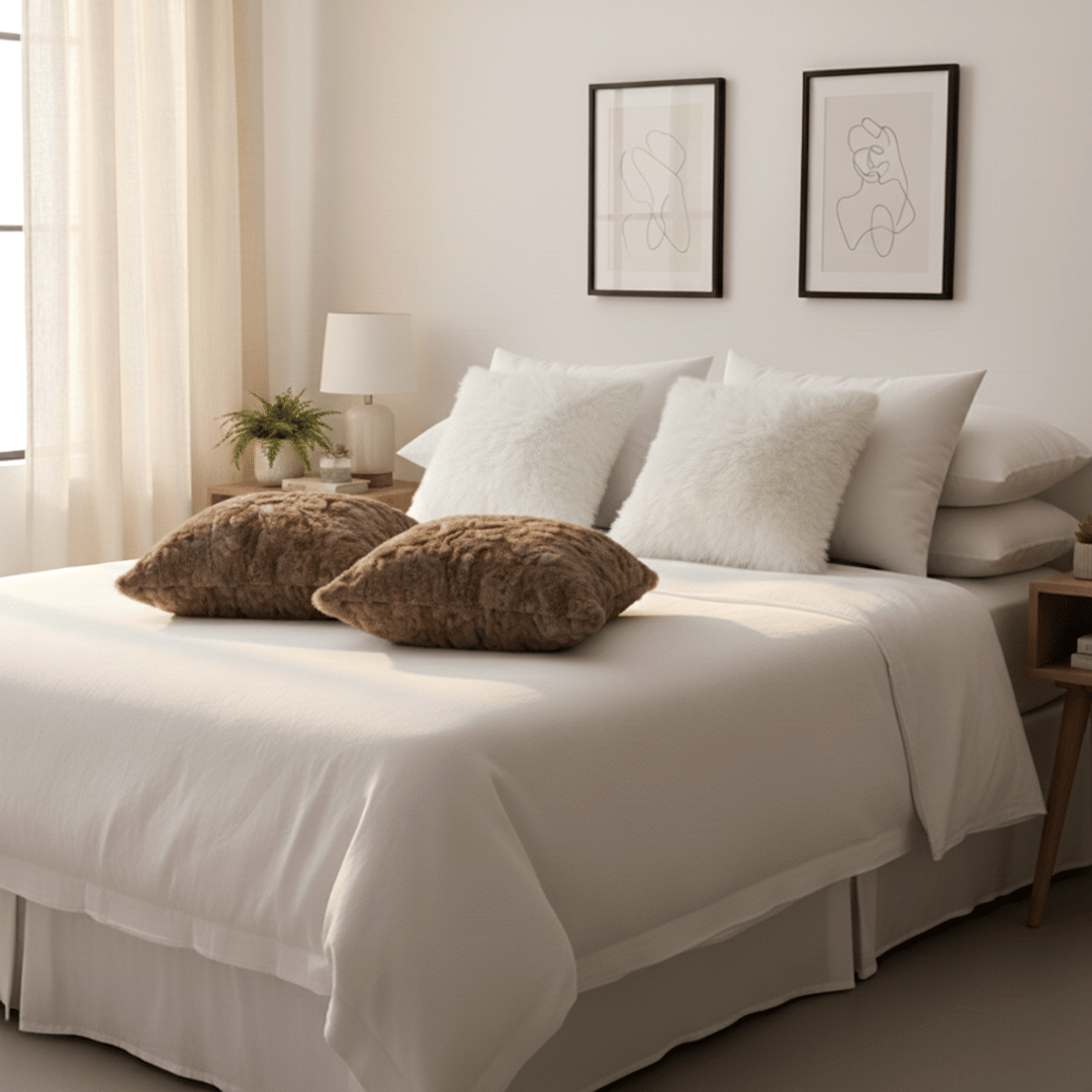 6-Piece Decorative Pillowcases Set – 4 White Textured & 2 Brown Fur Plush Covers