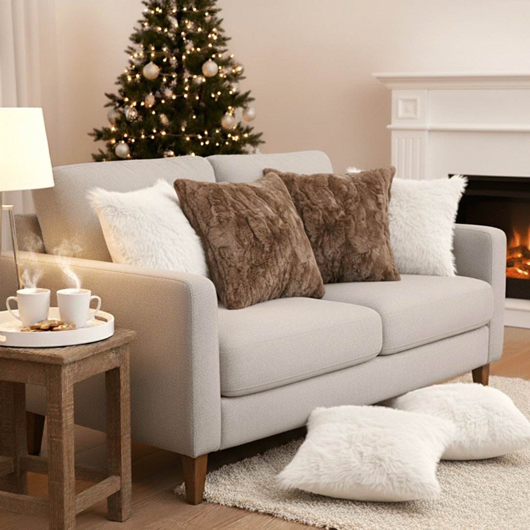 6-Piece Decorative Pillowcases Set – 4 White Textured & 2 Brown Fur Plush Covers