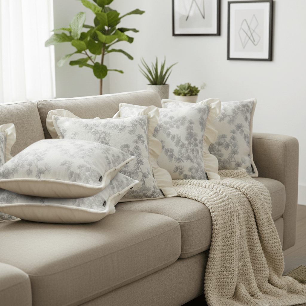 White and Gray Floral Ruffle Pillow Cover Set