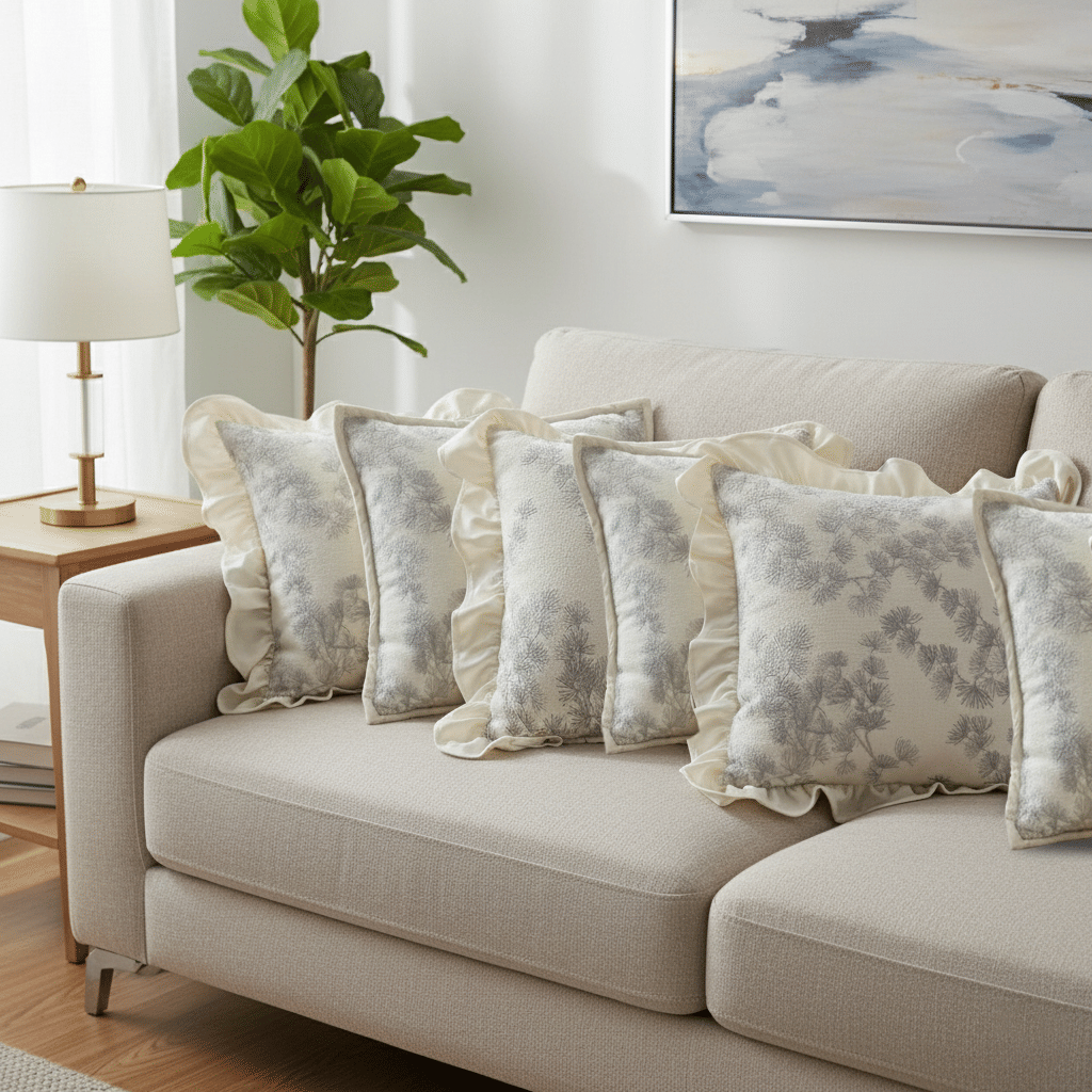 White and Gray Floral Ruffle Pillow Cover Set