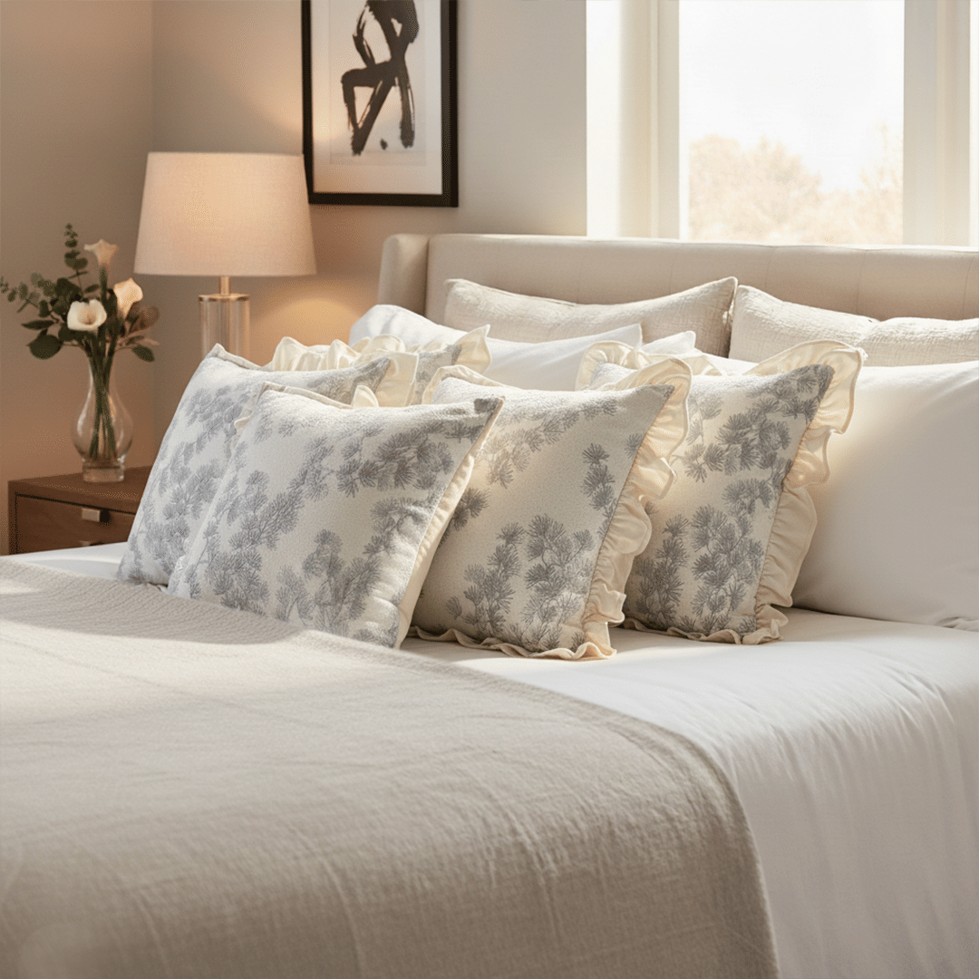 White and Gray Floral Ruffle Pillow Cover Set