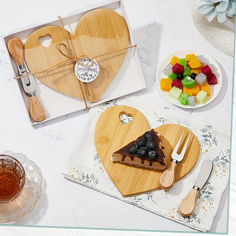 6Set Bridal Shower Favor Heart Cheese Board Cheese Knives Wood Mini Charcuterie Board Thank You Gift