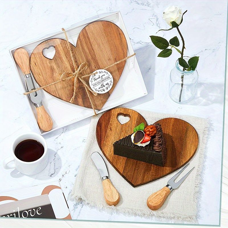 6Set Bridal Shower Favor Heart Cheese Board Cheese Knives Wood Mini Charcuterie Board Thank You Gift