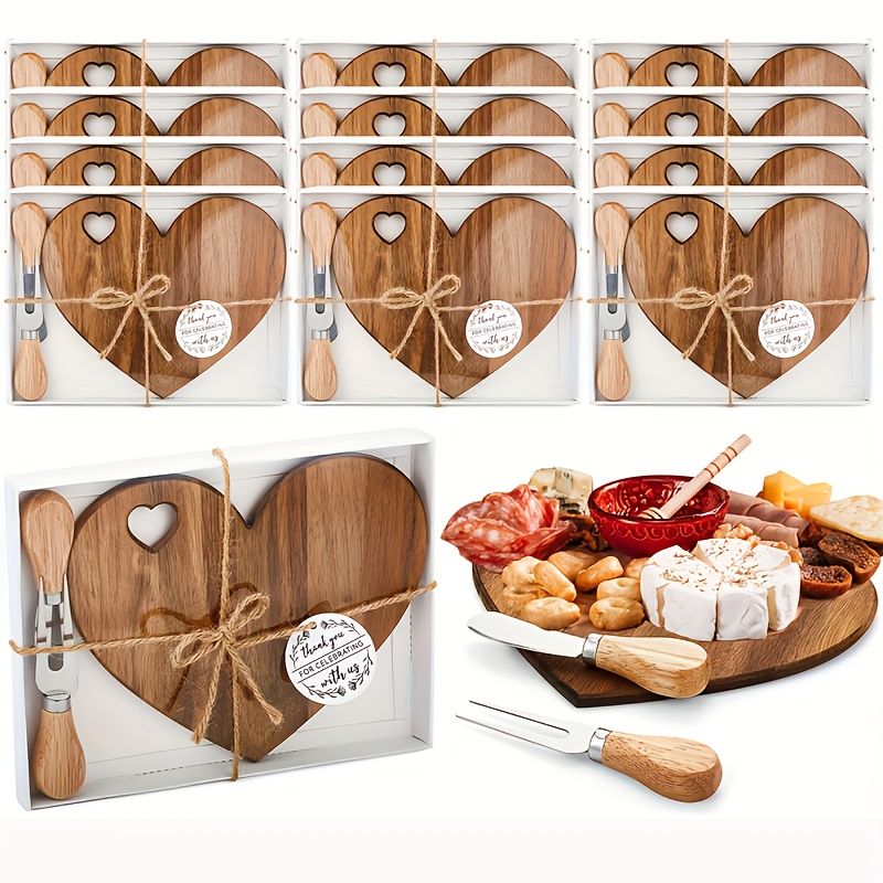 6Set Bridal Shower Favor Heart Cheese Board Cheese Knives Wood Mini Charcuterie Board Thank You Gift