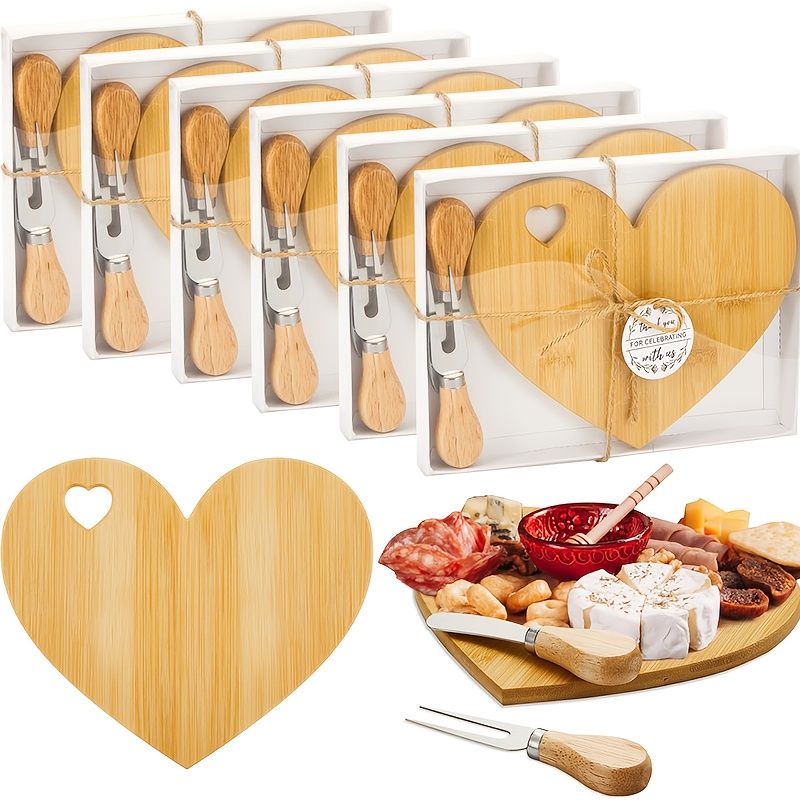 6Set Bridal Shower Favor Heart Cheese Board Cheese Knives Wood Mini Charcuterie Board Thank You Gift