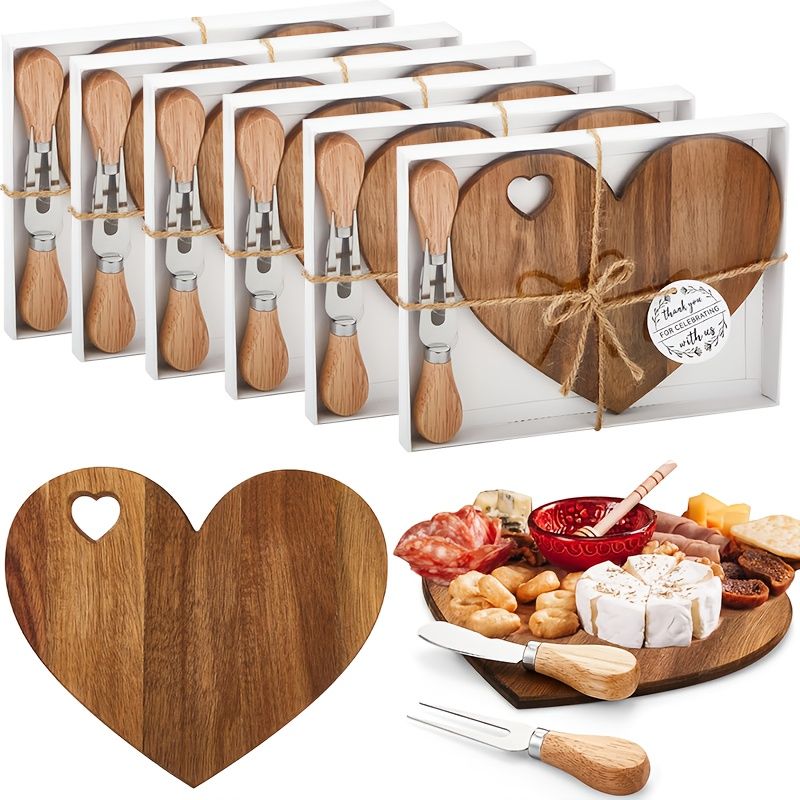 6Set Bridal Shower Favor Heart Cheese Board Cheese Knives Wood Mini Charcuterie Board Thank You Gift