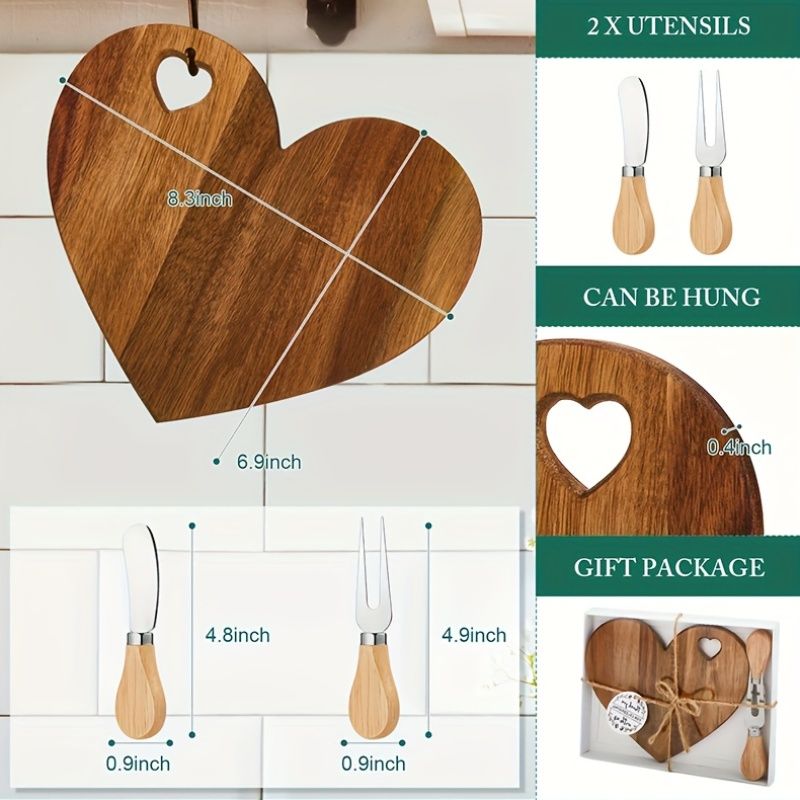 6Set Bridal Shower Favor Heart Cheese Board Cheese Knives Wood Mini Charcuterie Board Thank You Gift