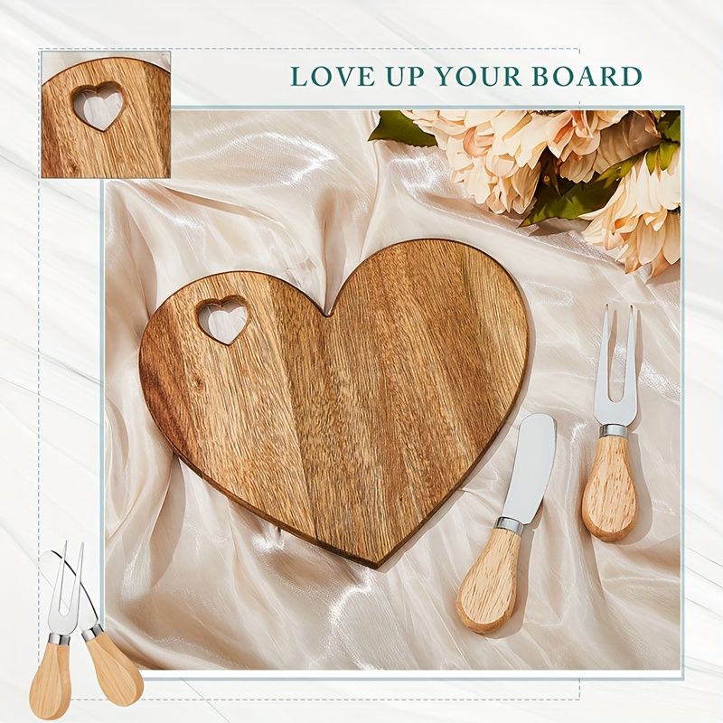 6Set Bridal Shower Favor Heart Cheese Board Cheese Knives Wood Mini Charcuterie Board Thank You Gift