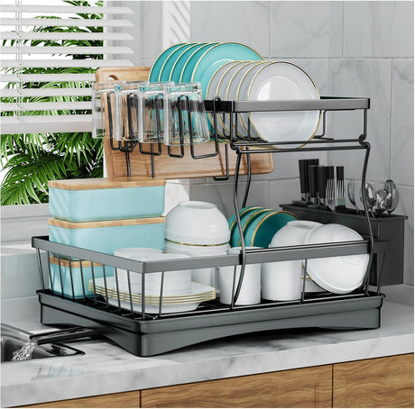 2-Tier Large Dish Drying Rack with Utensil Holder