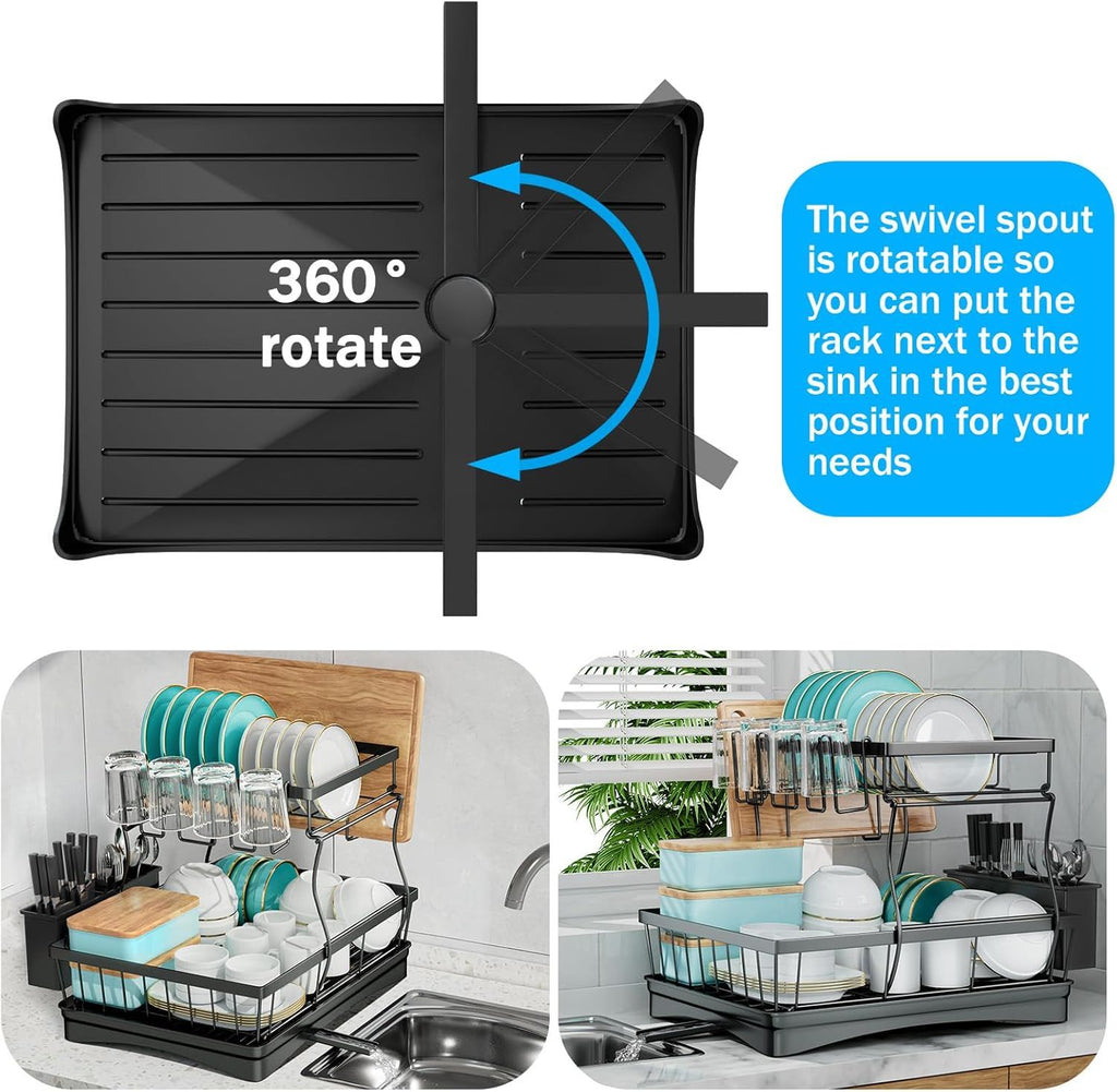 2-Tier Large Dish Drying Rack with Utensil Holder