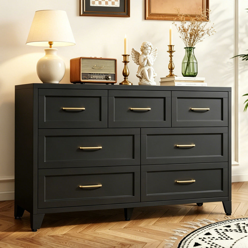 Modern Black Seven-Drawer Low-Profile Dresser