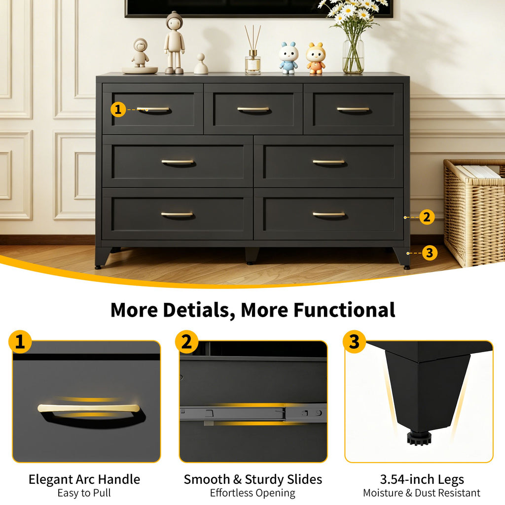 Modern Black Seven-Drawer Low-Profile Dresser