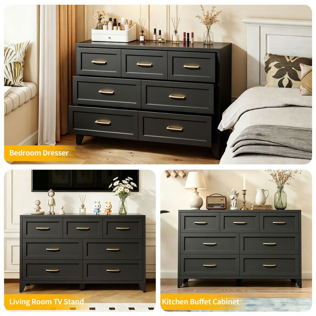 Modern Black Seven-Drawer Low-Profile Dresser