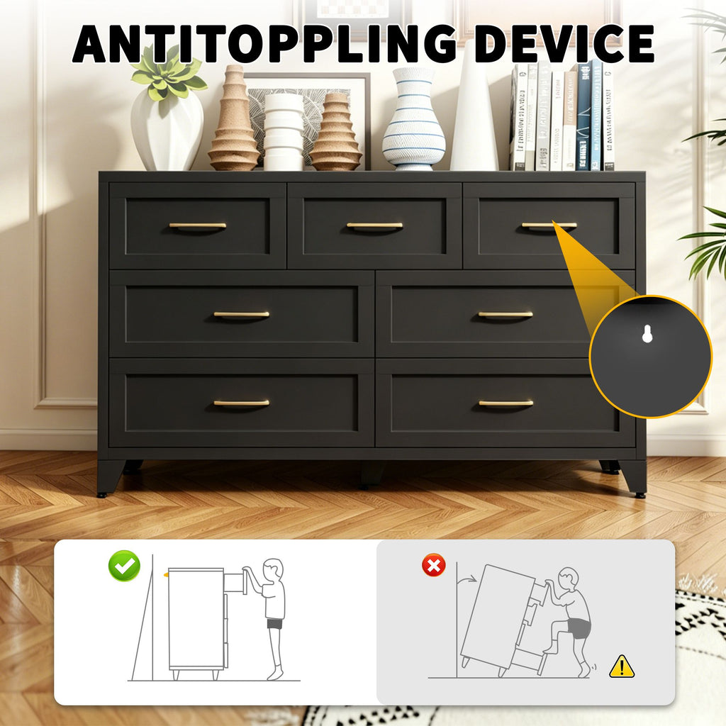 Modern Black Seven-Drawer Low-Profile Dresser