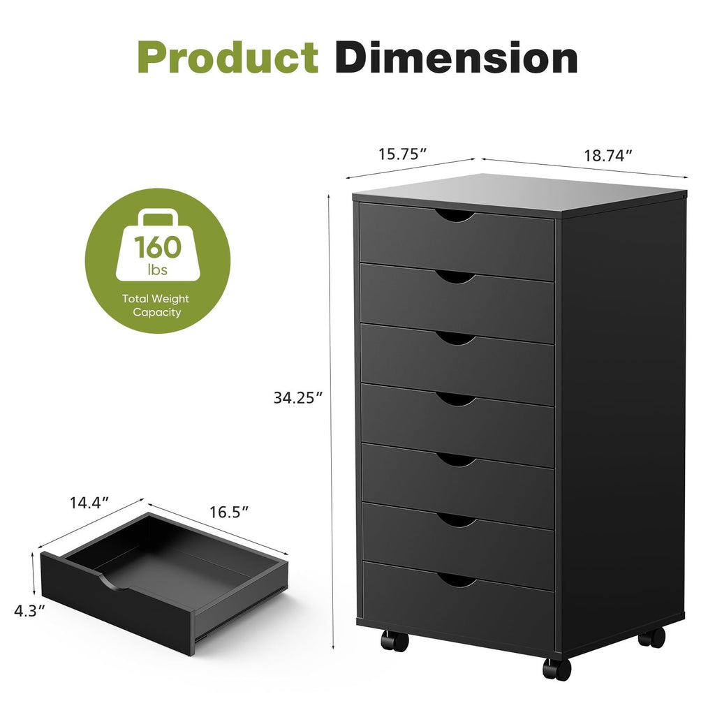 7 Drawer Storage Cabinet with Wheels for Home Office Organization