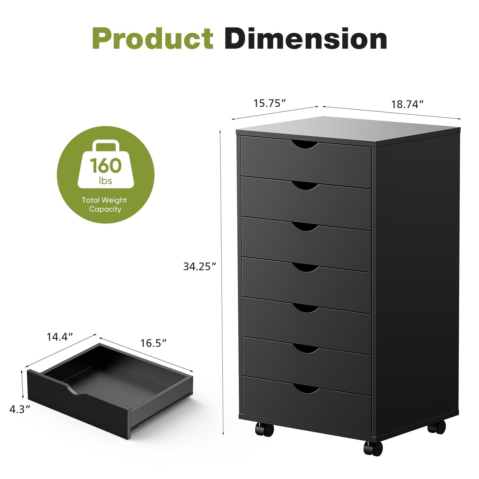 7 Drawer Storage Cabinet with Wheels for Home Office Organization