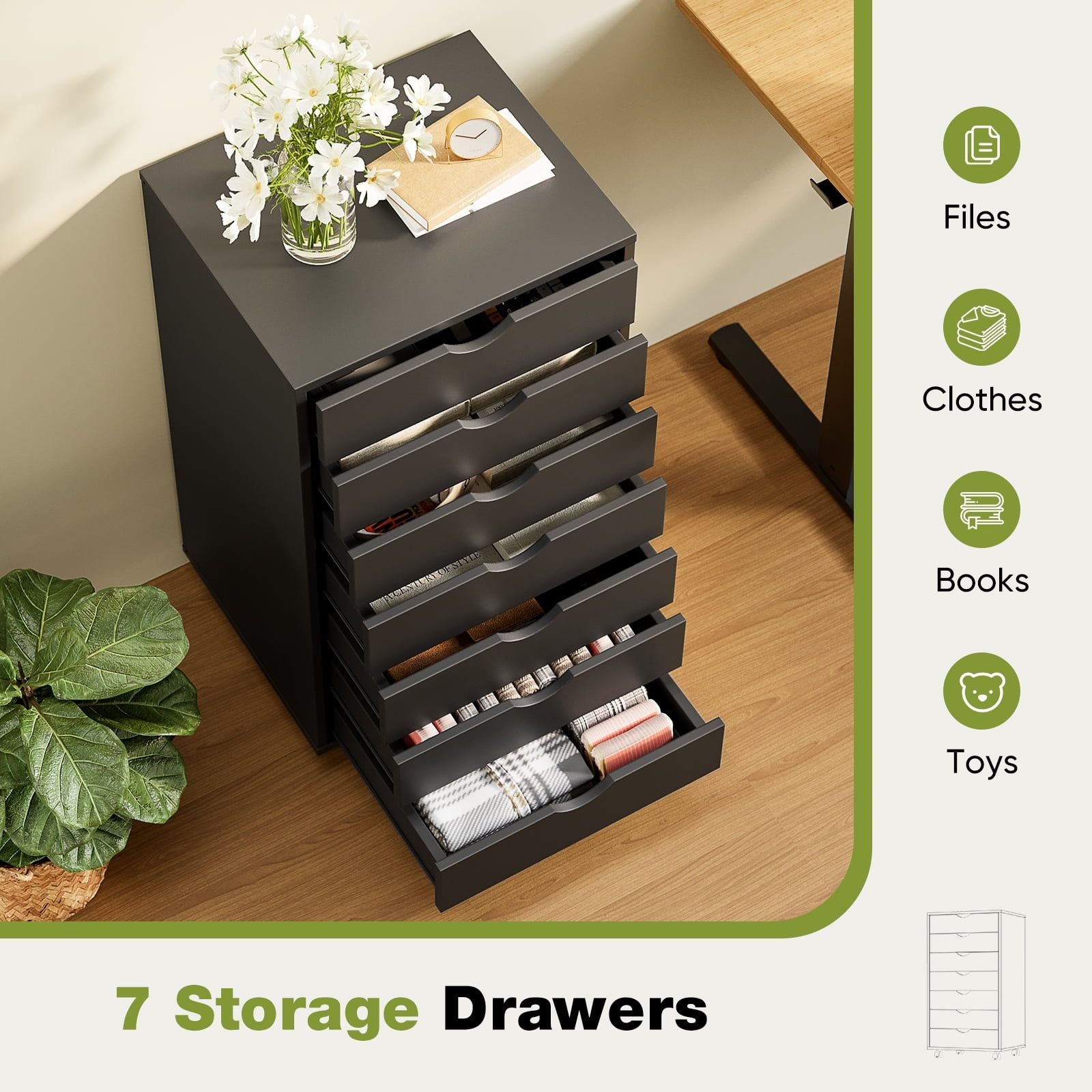 7 Drawer Storage Cabinet with Wheels for Home Office Organization
