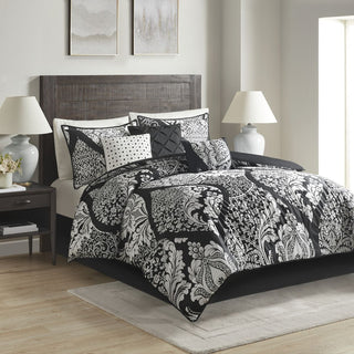 7-Piece Cotton Printed Comforter Set – Black Cal King with Damask Pattern