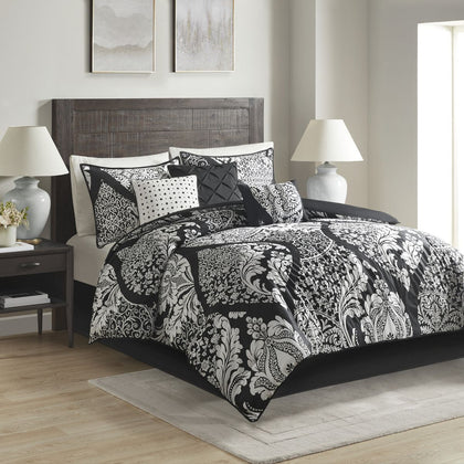 7-Piece Cotton Printed Comforter Set – Black Cal King with Damask Pattern