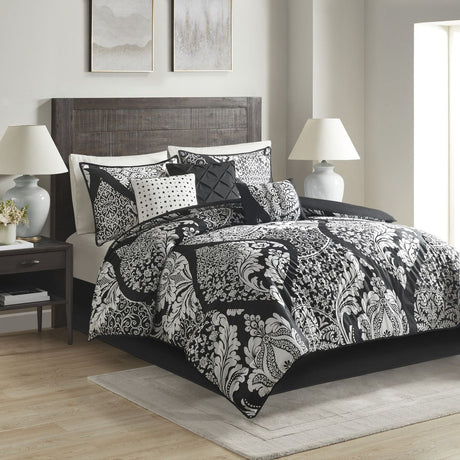 7-Piece Cotton Printed Comforter Set – Black Cal King with Damask Pattern