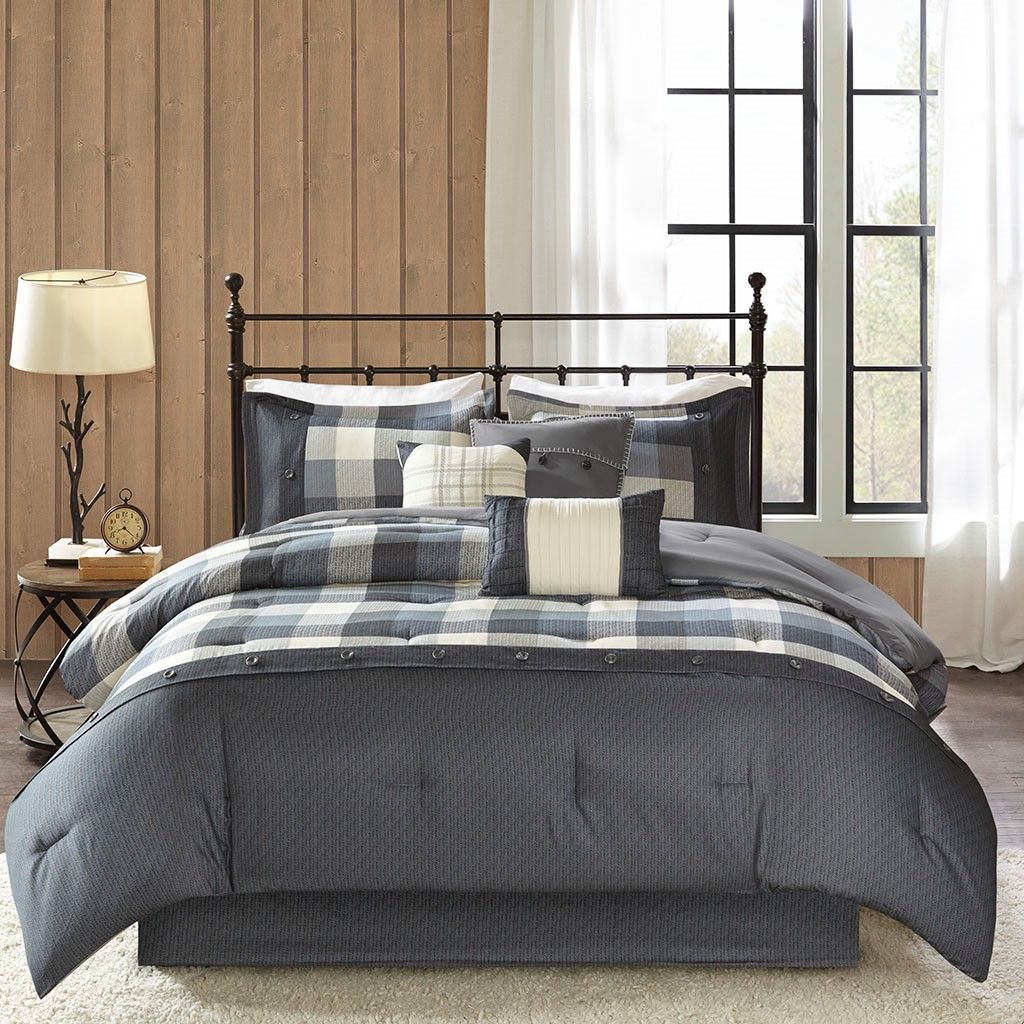 Grey Buffalo Plaid Herringbone Comforter Set