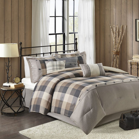 Neutral Buffalo Plaid Herringbone Comforter Set